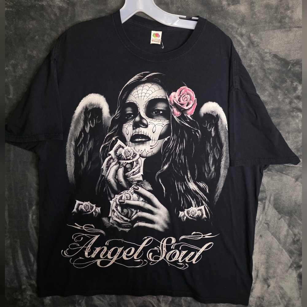 Angel Soul Wings Roses Art Skull Painted Death Woman Face Black tshirt Sz XL